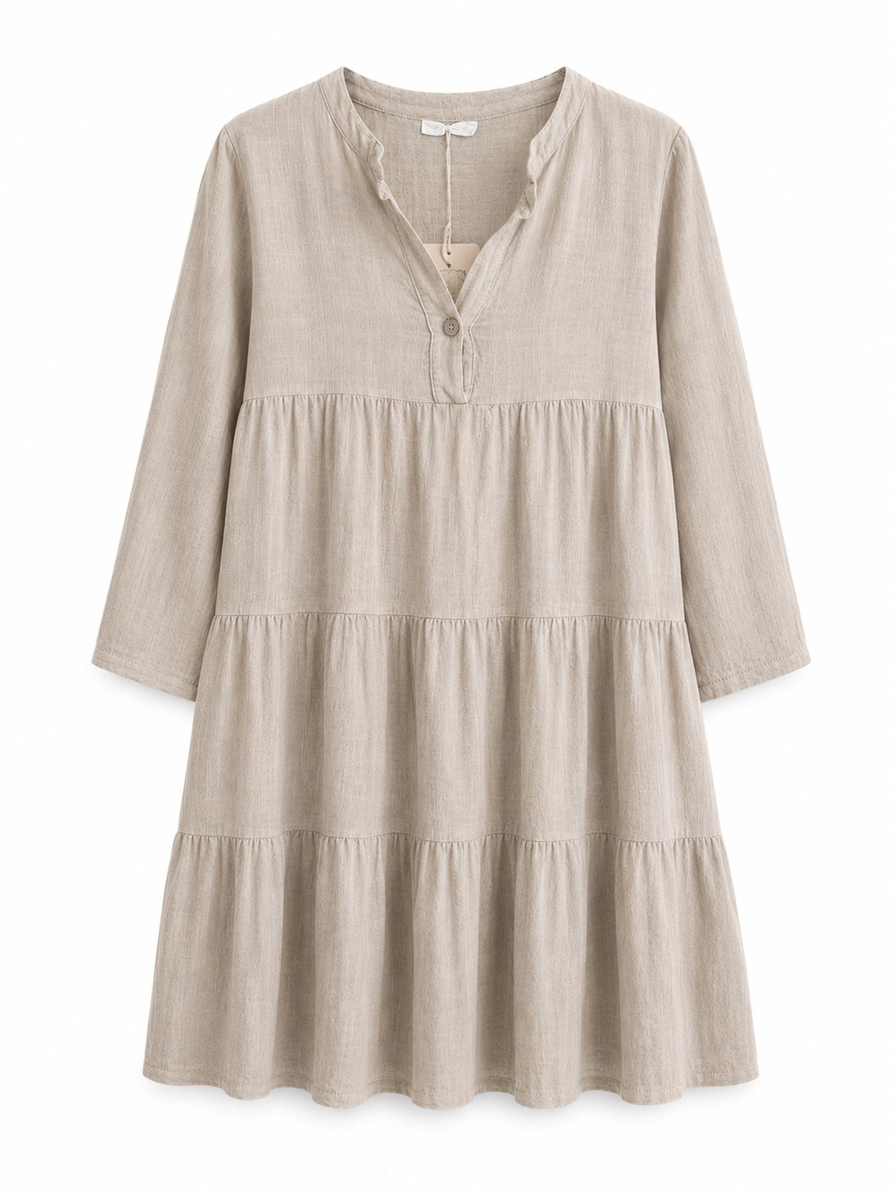 Made in Italy Linen Cotton Blend Tiered Mini Dress Tunic Large NWT Neutral Beige - Picture 2 of 12